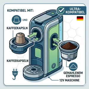 Infografik zur Kompatibilität der auto espresso maschine 12v mit Kaffeekapseln und gemahlenem Kaffee.