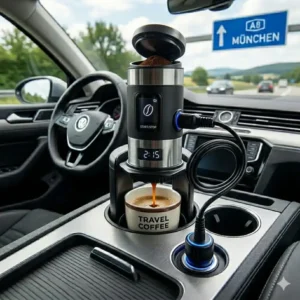 Frisch gebrühter Espresso direkt aus der reisekaffeemaschine auto adapter während der Fahrt.