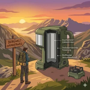 Die platzsparende outdoor kaffeemaschine robust wird für eine Wanderung in einen Rucksack gepackt.