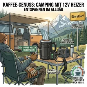 Camping scene showing the comfort of using a 12v kaffee heizer unterwegs in the mountains.