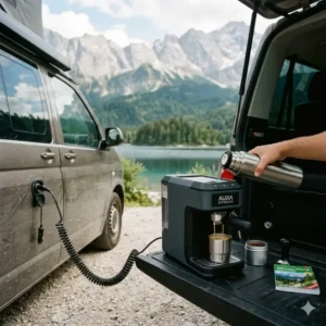 Eine auto espresso maschine 12v im Einsatz beim Camping im Freien neben einem Van.