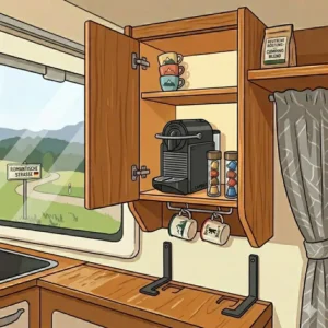 Eine elegante Kapsel-basierte wohnmobil kaffeemaschine klein auf einem Campingtisch.