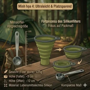 Technische Daten und Faltprozess eines kleinen Campingkaffee handfilter aus Silikon.