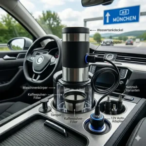 Alle Zubehörteile und Kabel der reisekaffeemaschine auto adapter in der Übersicht.