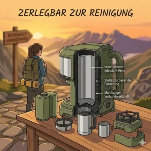 Die Einzelteile der outdoor kaffeemaschine robust lassen sich zur einfachen Reinigung im Freien zerlegen.