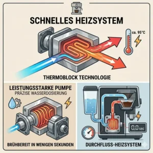 Technische Querschnitt-Illustration des Thermoblock-Heizsystems für schnelles Aufheizen der Kaffeemaschine