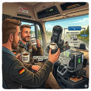 Sicher montierte kaffee maschine lkw fahrer im Innenraum eines LKWs.