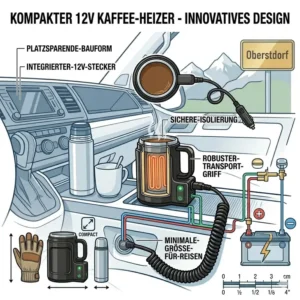 Illustration showcasing the innovative compact design of a 12v kaffee heizer unterwegs.