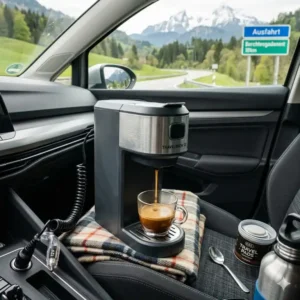 Nahaufnahme des Brühvorgangs einer auto espresso maschine 12v während einer Reisepause.