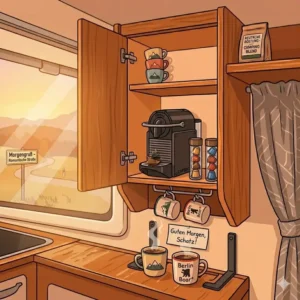 Genussvoller Morgen mit einer wohnmobil kaffeemaschine klein und Blick auf die Alpen.