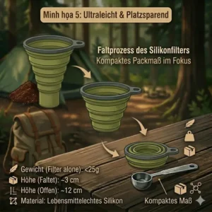 Schritt-für-Schritt Faltsequenz, die die Kompaktheit des kleinen Campingkaffee handfilter zeigt.