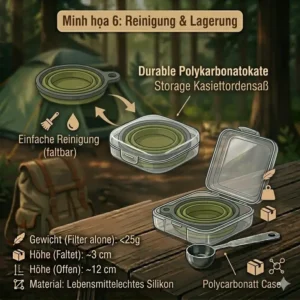 Ein kleiner Campingkaffee handfilter im passenden Polycarbonat-Case für die Lagerung.