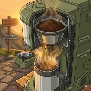 Frisch gebrühter Kaffee fließt aus der outdoor kaffeemaschine robust direkt in einen Becher.
