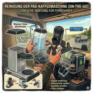 Reinigung und Wartung einer kaffee maschine lkw fahrer im Arbeitsalltag.