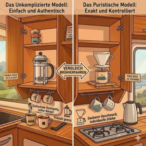 Einfaches Design einer manuellen wohnmobil kaffeemaschine klein für minimalistische Camper.