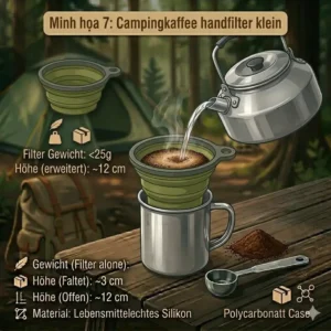 Detaillierter Brühvorgang, bei dem Wasser in den kleinen Campingkaffee handfilter gegossen wird.