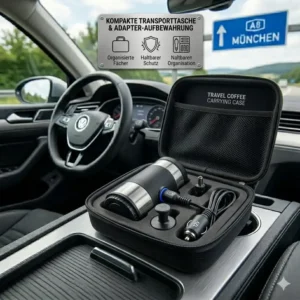 Kompakte Transporttasche zur sicheren Aufbewahrung der reisekaffeemaschine auto adapter.