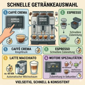 Übersichtsgrafik verschiedener Kaffeespezialitäten, die eine auto Kaffeemaschine schnell zubereitet
