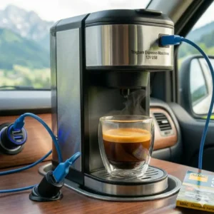 Mobile espresso maschine 12v usb auf dem Tisch neben Laptop und Reisegepäck.
