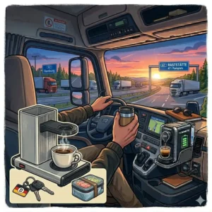 Ein LKW Fahrer genießt seinen Kaffee aus der kaffee maschine lkw fahrer auf einem Rastplatz.