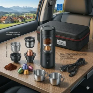 Kaffeepause mit tragbare Kaffeemaschine Auto Set