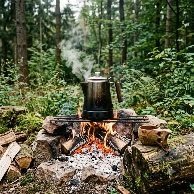 A rustic bushcraft kaffee maker brewing fresh coffee over an open campfire in a deep forest setting.