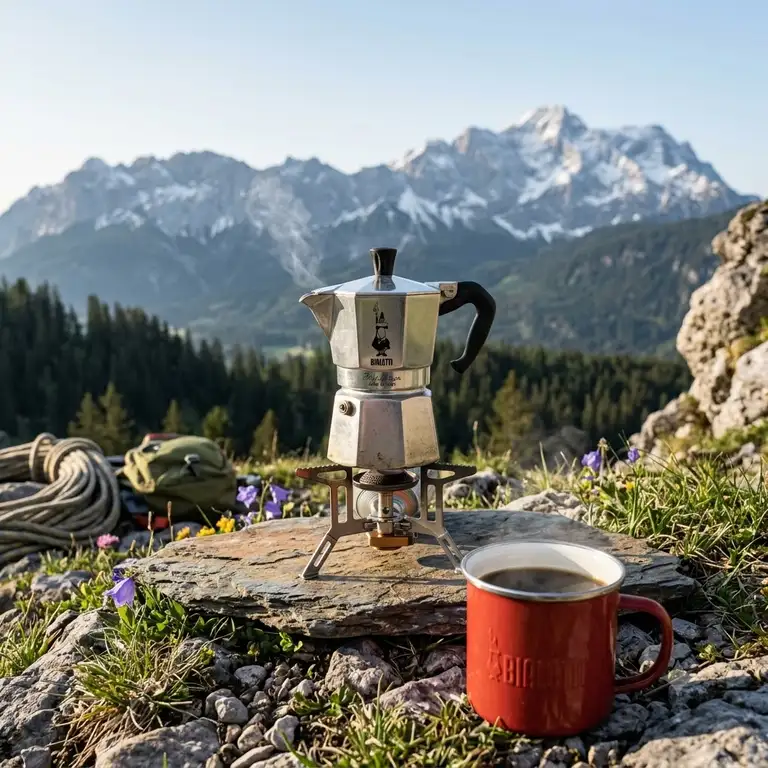 Der moka pot bialetti outdoor alu klein steht auf einem campingkocher in den deutschen alpen