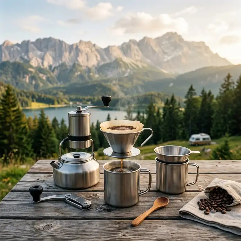 Ein hochwertiges camping kaffee set kompakt auf einem Holztisch vor einer malerischen Bergkulisse in Deutschland.