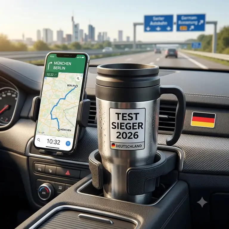 Ein Thermo-Kaffeebecher im Auto neben einem Smartphone für den thermo kaffeebecher reise test 2026.