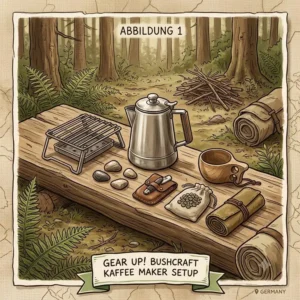 Illustration of a bushcraft kaffee maker unboxed and displayed next to essential outdoor camping gear on a wooden log.