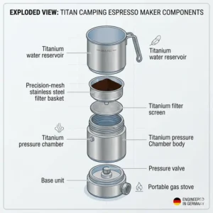 An exploded view diagram showing the internal components and premium build of the camping espresso maker titan.