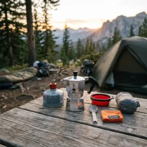 Eine camping mokka kanne mini neben kompakter Outdoorausrüstung im Größenvergleich.