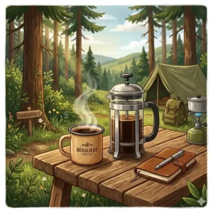 Zubereitung von Kaffee mit einer French Press Kaffeemaschine ohne Strom camping.