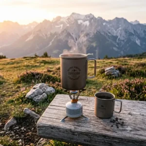 Infografik über das Gewicht von einem kaffee kocher outdoor leicht auf einer Waage im Vergleich zu normalen Kochern.