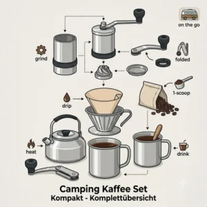 Eine detaillierte Übersicht aller Bestandteile für das camping kaffee set kompakt mit Kaffeemühle und Becher.