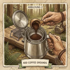 Detailed illustration showing a camper pouring fresh coffee grounds into a bushcraft kaffee maker.