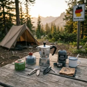 Die Einzelteile einer camping mokka kanne mini inklusive Filtertrichter und Dichtung.
