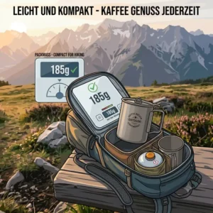 Eine Grafik, die zeigt, wie kompakt ein kaffee kocher outdoor leicht in den Wanderrucksack gepackt werden kann.