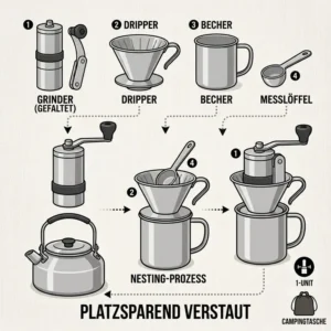 Infografik über das platzsparende camping kaffee set kompakt beim Ineinanderstapeln der einzelnen Teile.