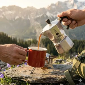 Frischer kaffee wird aus dem bialetti outdoor alu klein in eine tasse gegossen