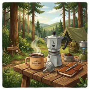 Ein klassischer Espressokocher als Kaffeemaschine ohne Strom camping auf einem Gaskocher.