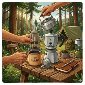 Die AeroPress ist ein kompakter Kaffeemaschine ohne Strom camping für unterwegs.
