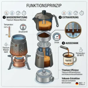 A step-by-step infographic showing how the camping espresso maker titan uses heat to build pressure for perfect outdoor extraction.