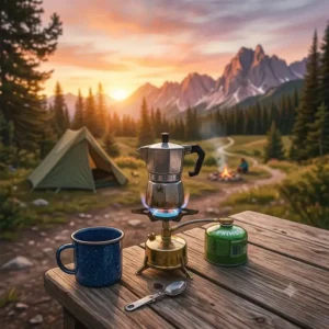 Kaffeepulver wird in das Sieb einer camping mokka kanne mini im Freien eingefüllt.