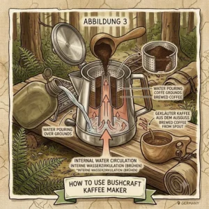 Diagram illustrating how hot water circulates inside a bushcraft kaffee maker for the perfect outdoor brew.