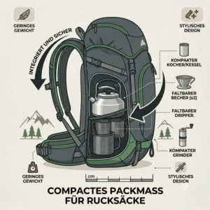 Eine technische Zeichnung zeigt das camping kaffee set kompakt perfekt verstaut in einer Rucksacktasche.