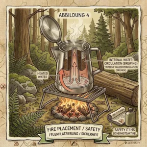 Illustration of the correct placement of a stainless steel bushcraft kaffee maker on a campfire cooking grate.
