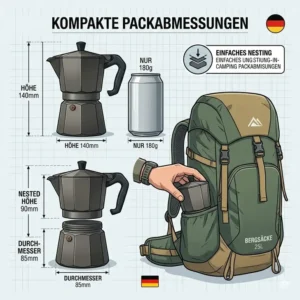 A side-by-side size comparison showing how the camping espresso maker titan fits compactly inside a standard 25L backpacking gear.