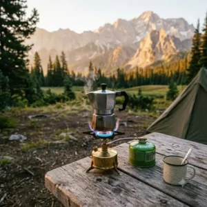 Eine camping mokka kanne mini erhitzt sich auf einem ultraleichten Gaskocher beim Camping.