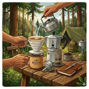 Kaffee brühen mit Handfilter und einer einfachen Kaffeemaschine ohne Strom camping.